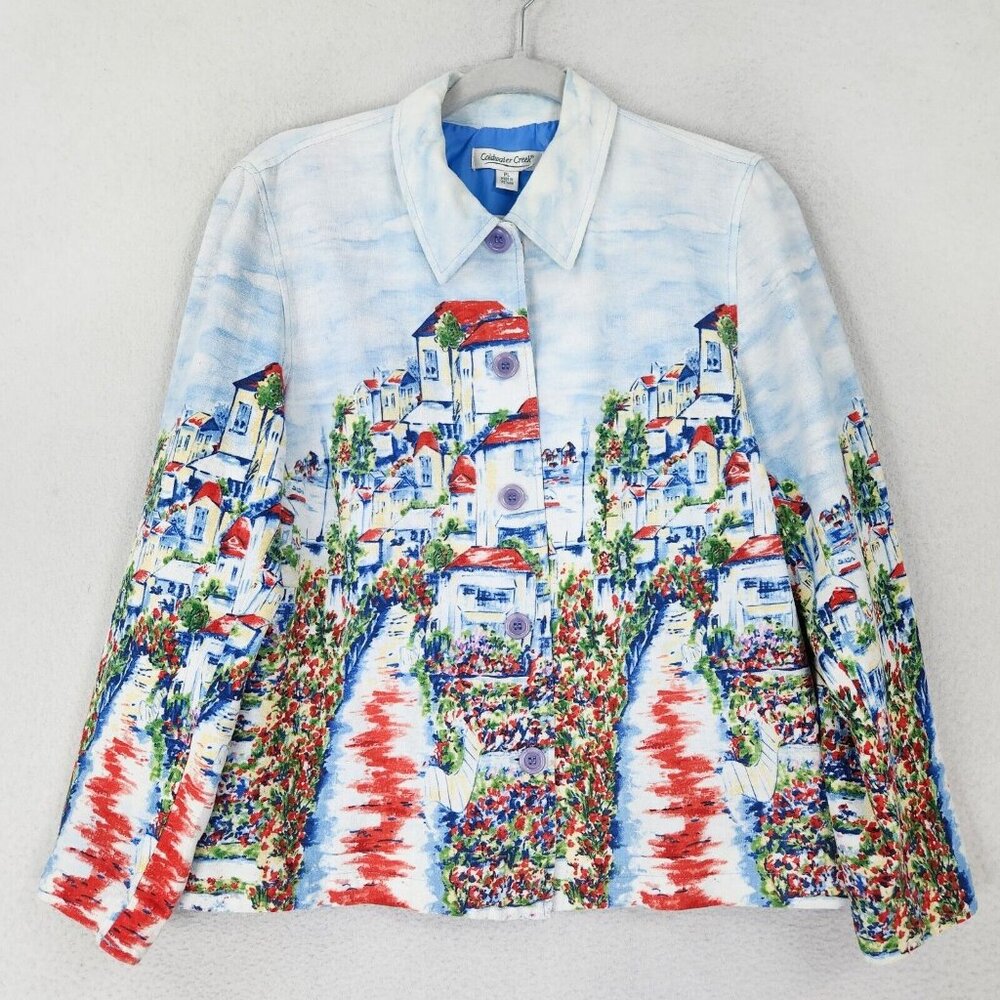 Coldwater Creek Jacket Womens Large Petite Blue Colorful City Art Linen Blend